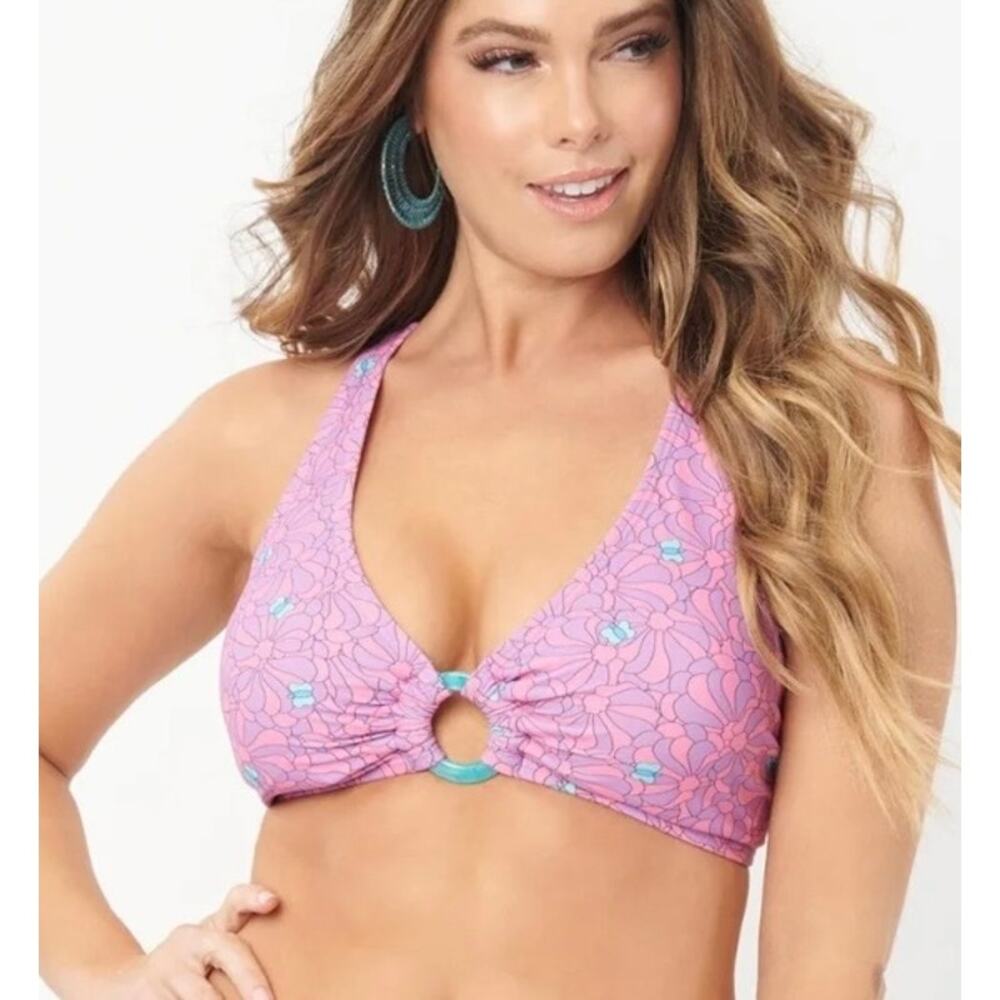 Unique Vintage 1970’s Pink and Purple Floral Bikini Top 1X 16 NWOT - Picture 3 of 5